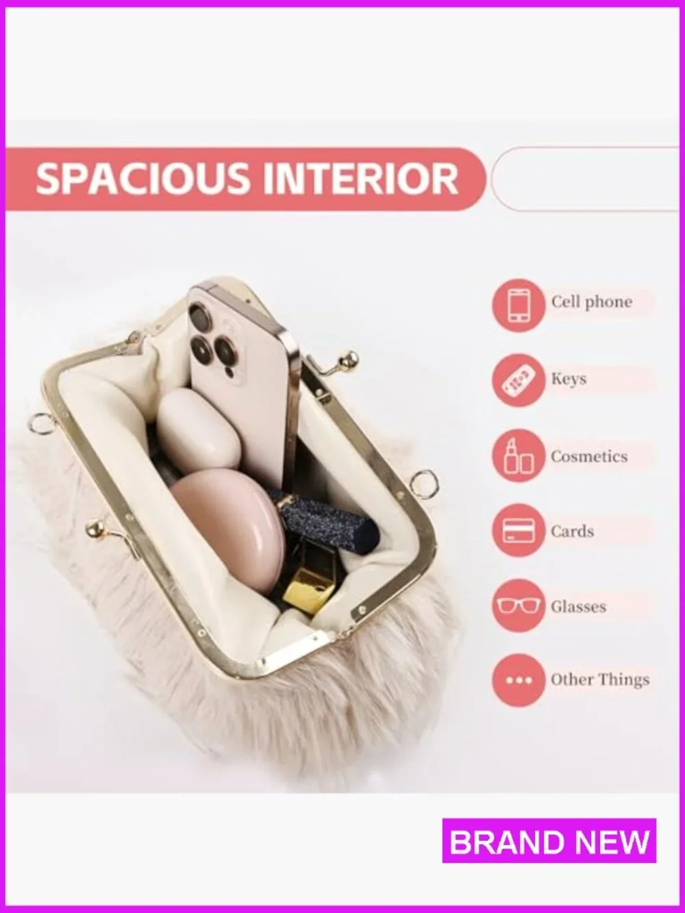 Feather Evening Clutch with Pearl Strap Crossbody Fluffy Bag Wedding Party Prom